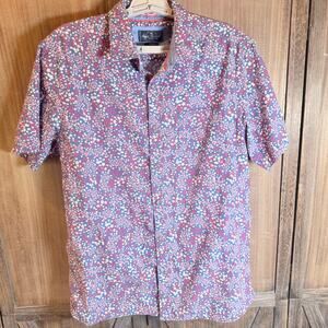 Across The Pond Large Blue Floral Button Front Shirt Men's Short Sleeve Cotton